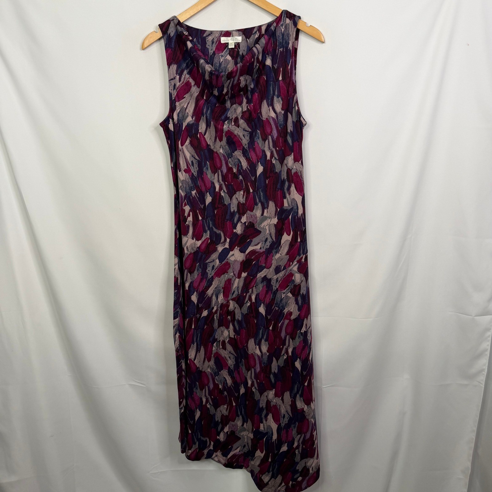 Nine Britton Plum Abstract Brushstroke Cowl Neck Asymmetrical Midi Dress LP