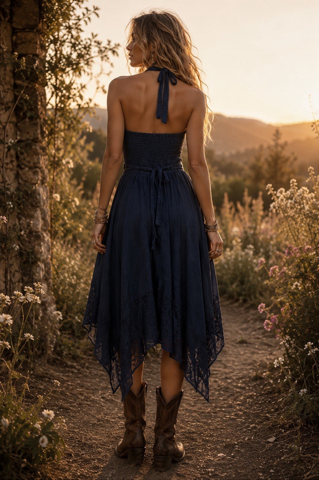 Boho Halter Handkerchief Hem Midi Dress Embroidered Lace Fairy Cottage Whimsical