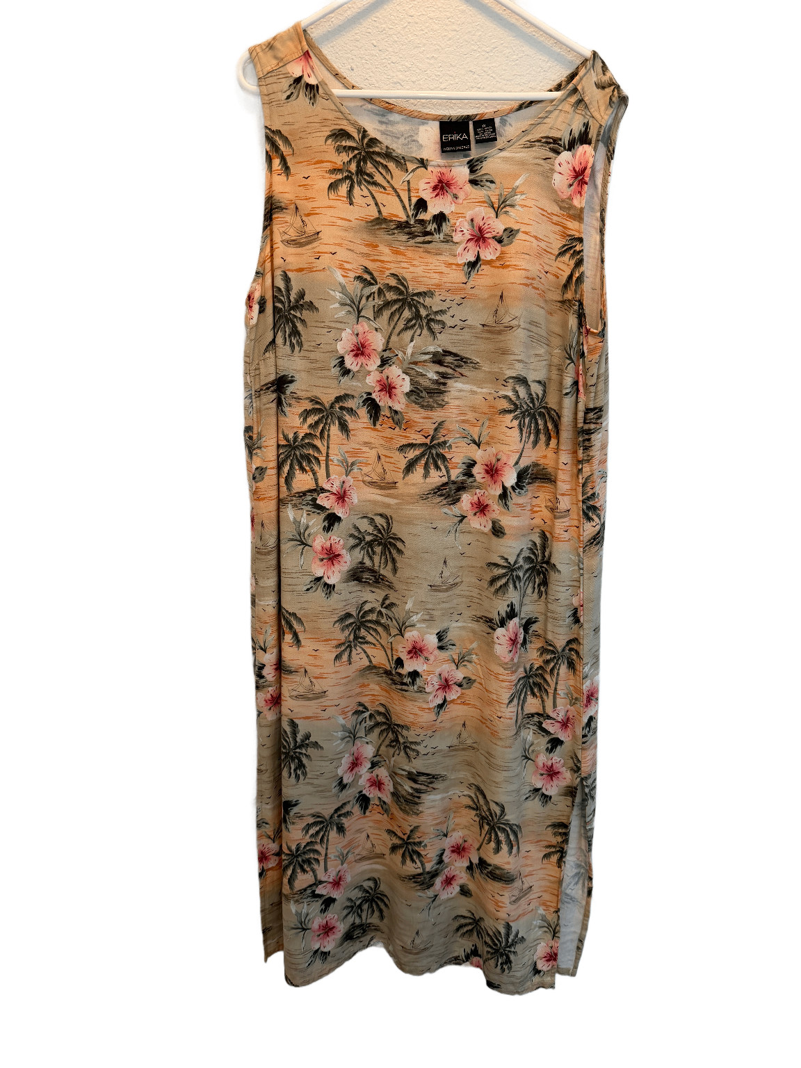 Womens 1X Sundress Peach Tan Tropical Floral Palm Tree Erika Rayon Dress Beach