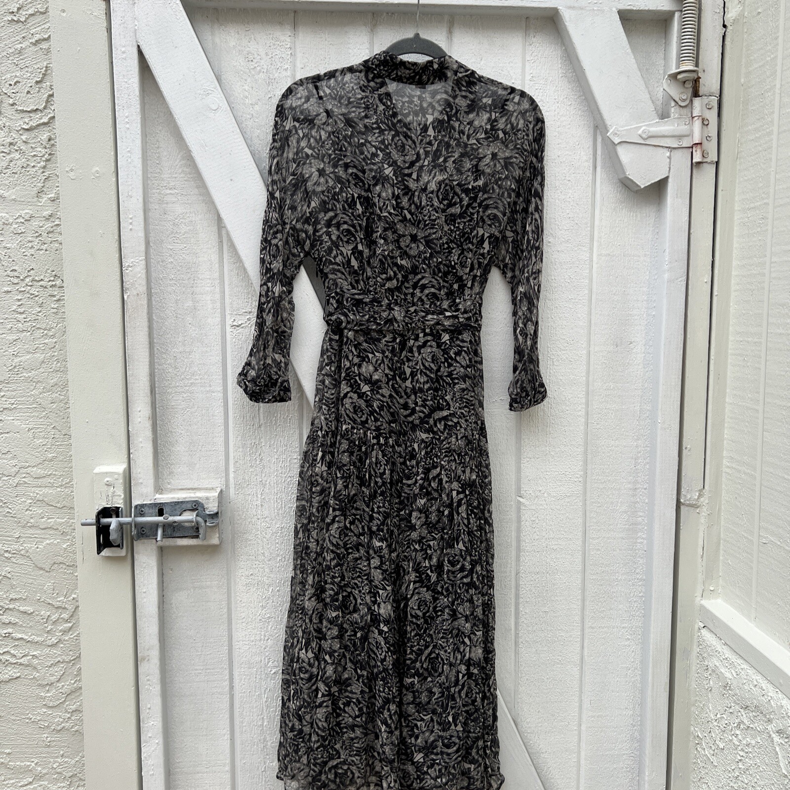 New $290 All Saints Eley Rosey Black Grey Midi Floral Women’s US 4 Viscose D9