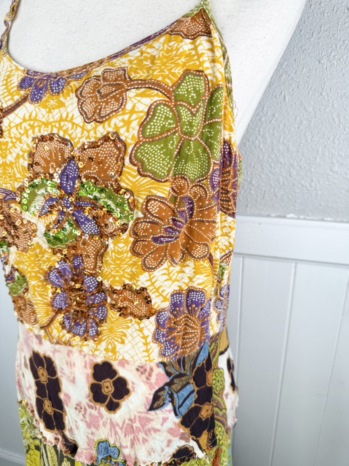 Alberto Makali Patchwork Dress Womens 14 Beaded Sequin Boho Artsy Hippie y2k