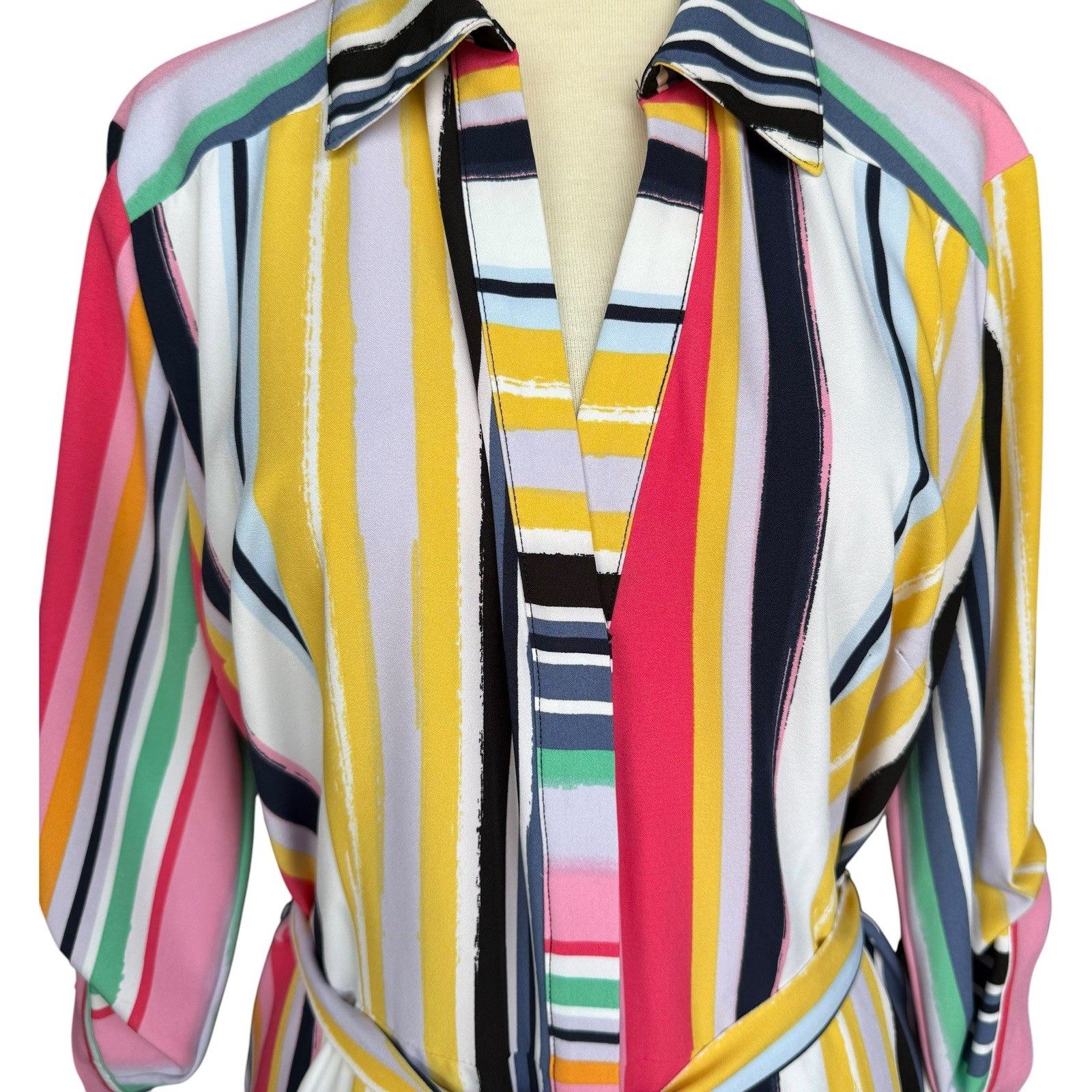 NY & Co Multicolor Striped Midi Shirt Dress Roll Tab Sleeve Belted Women’s Large