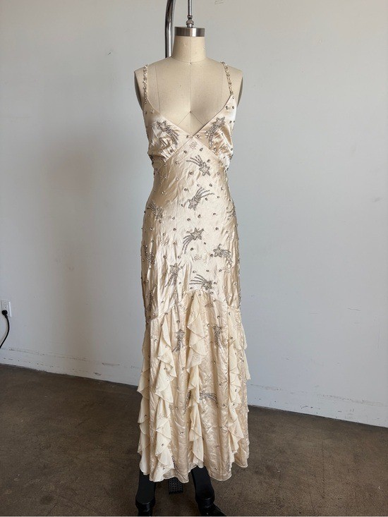$798 NWT For Love And Lemons “Elea” Beaded Slip Maxi Dress in Cream Sz XXS