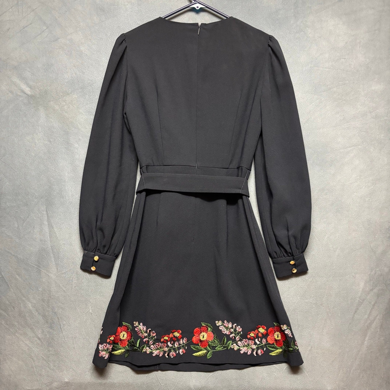 Ted Baker Embroidered Floral Black Mini Dress Belted Long Sleeve Size 1 Cottage
