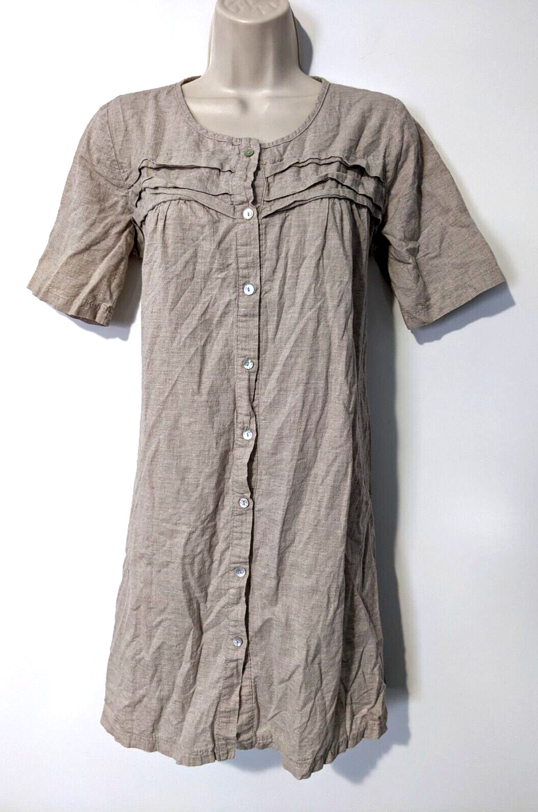 Eco Romantic Women’s Button Front Dress Flax Color Short Sleeve 100% Cotton EUC