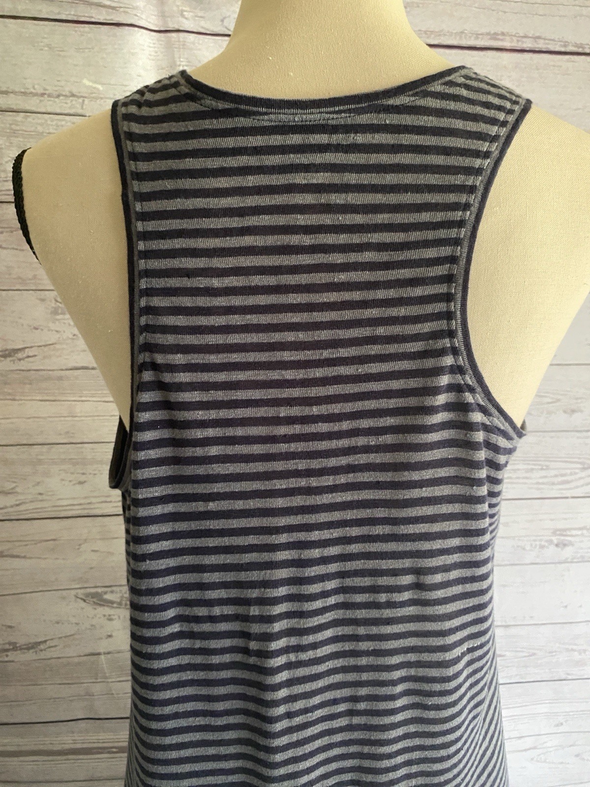 Eileen Fisher 100% Linen Racerback Midi Dress Size S Black/Gray Stripes Neutral