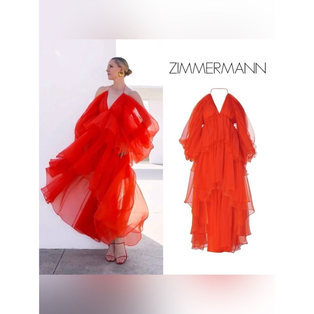 Zimmermann Rare Red Layered Chiffon Halter Maxi Dress NWT Size Medium