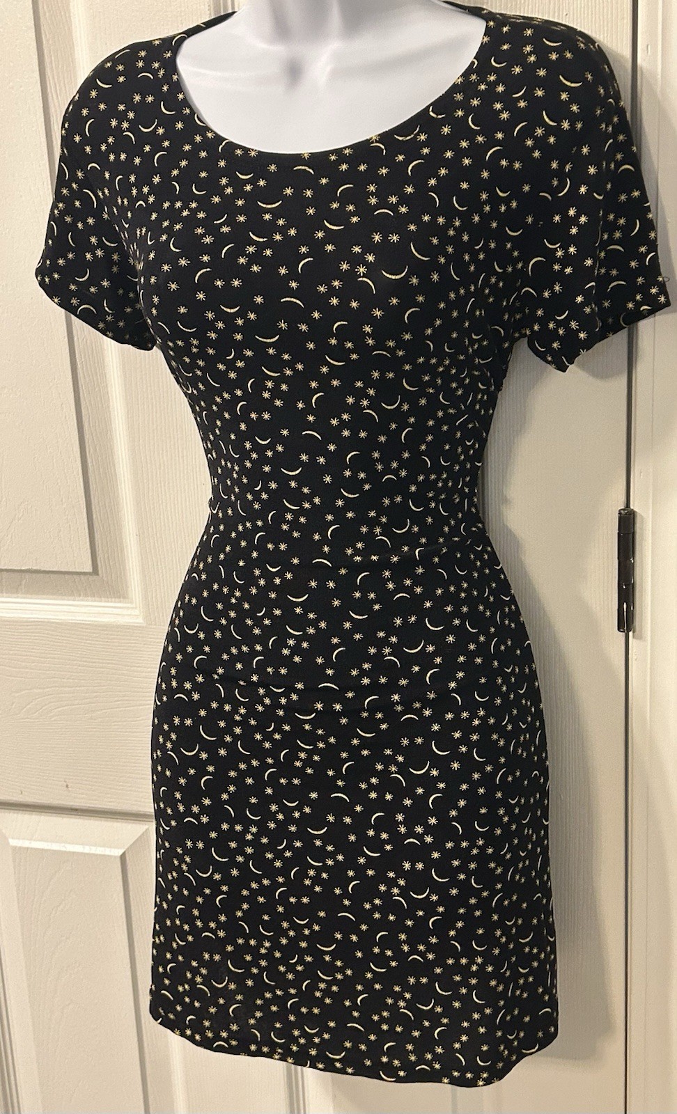 90s Y2K Goth Grunge Black Yellow Mini Dress Stars Moon Slinky Romantic Whimsy