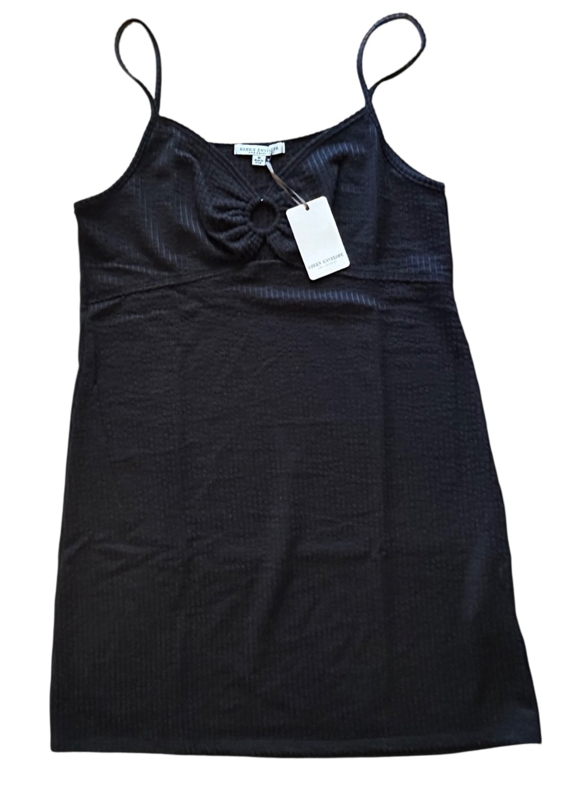 Green Envelope Women’s Ribbed Mini Dress Spaghetti Strap V-Neck Size M Black