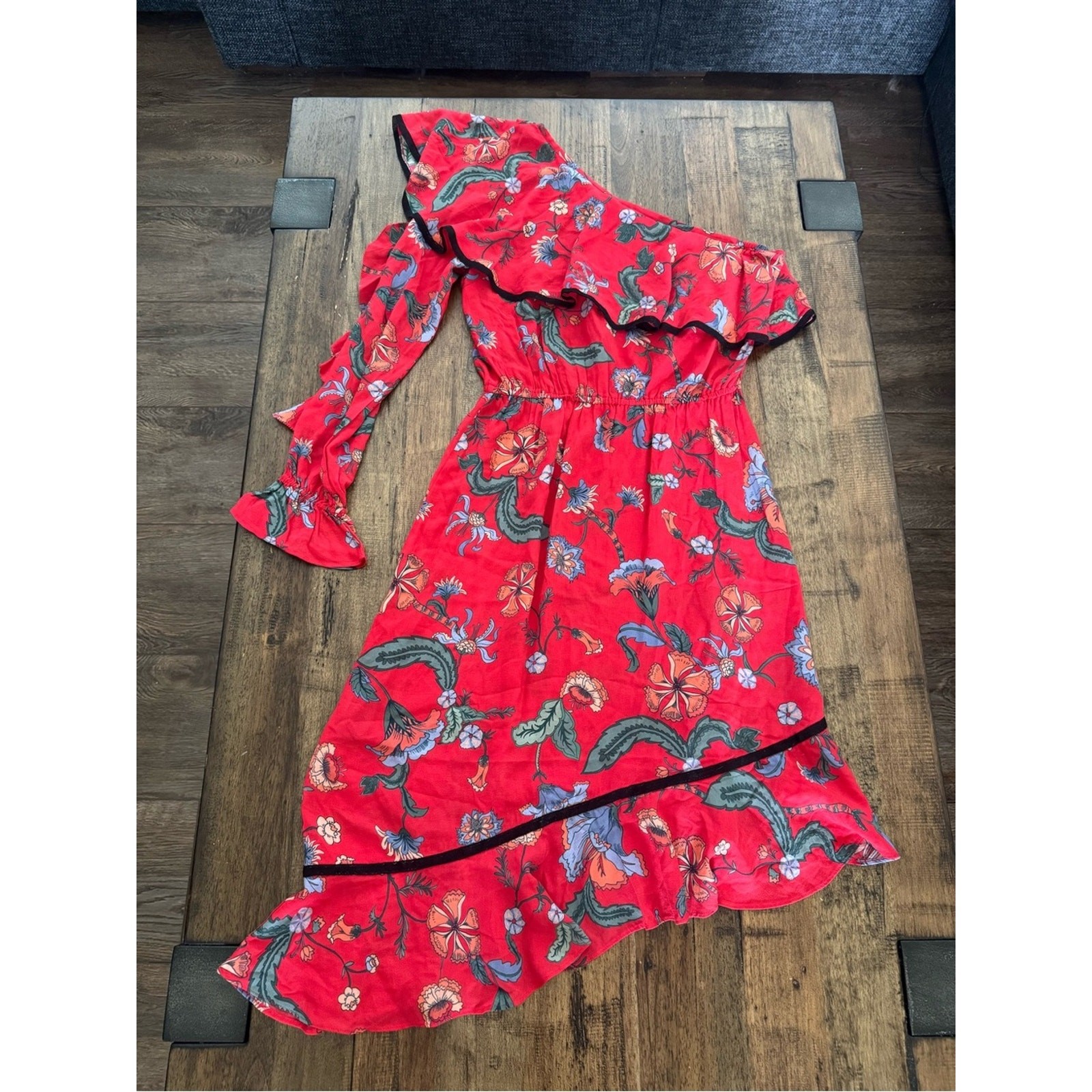 Love Sam Red Floral One Shoulder Asymmetrical Ruffle Dress XS Boho Viscose