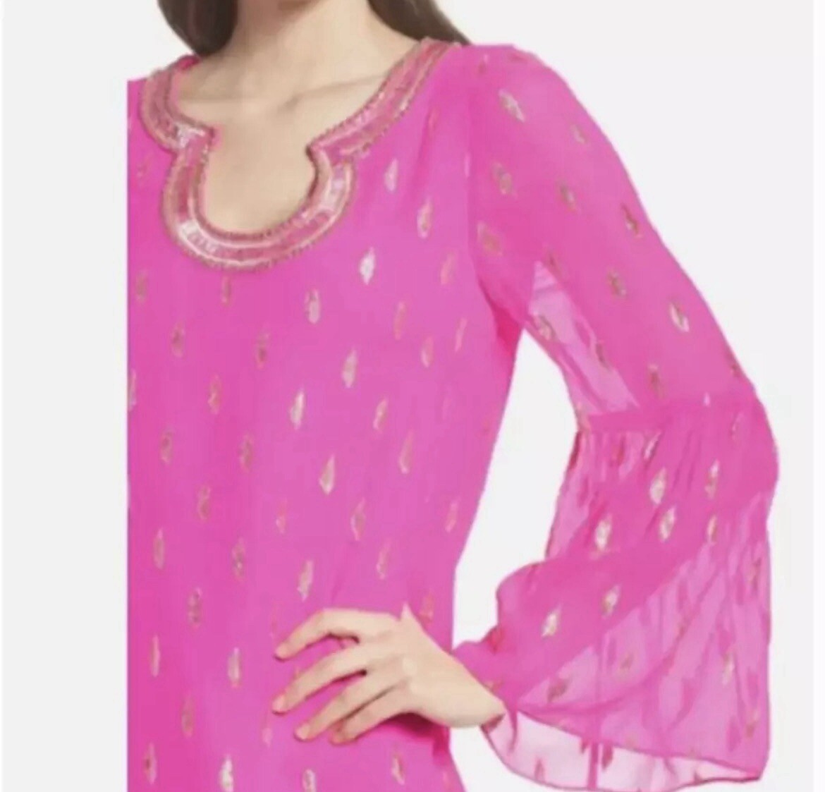 Lilly Pulitzer Amory Silk Dress Pink Gold Metallic Shift Bell Sleeve Size 2