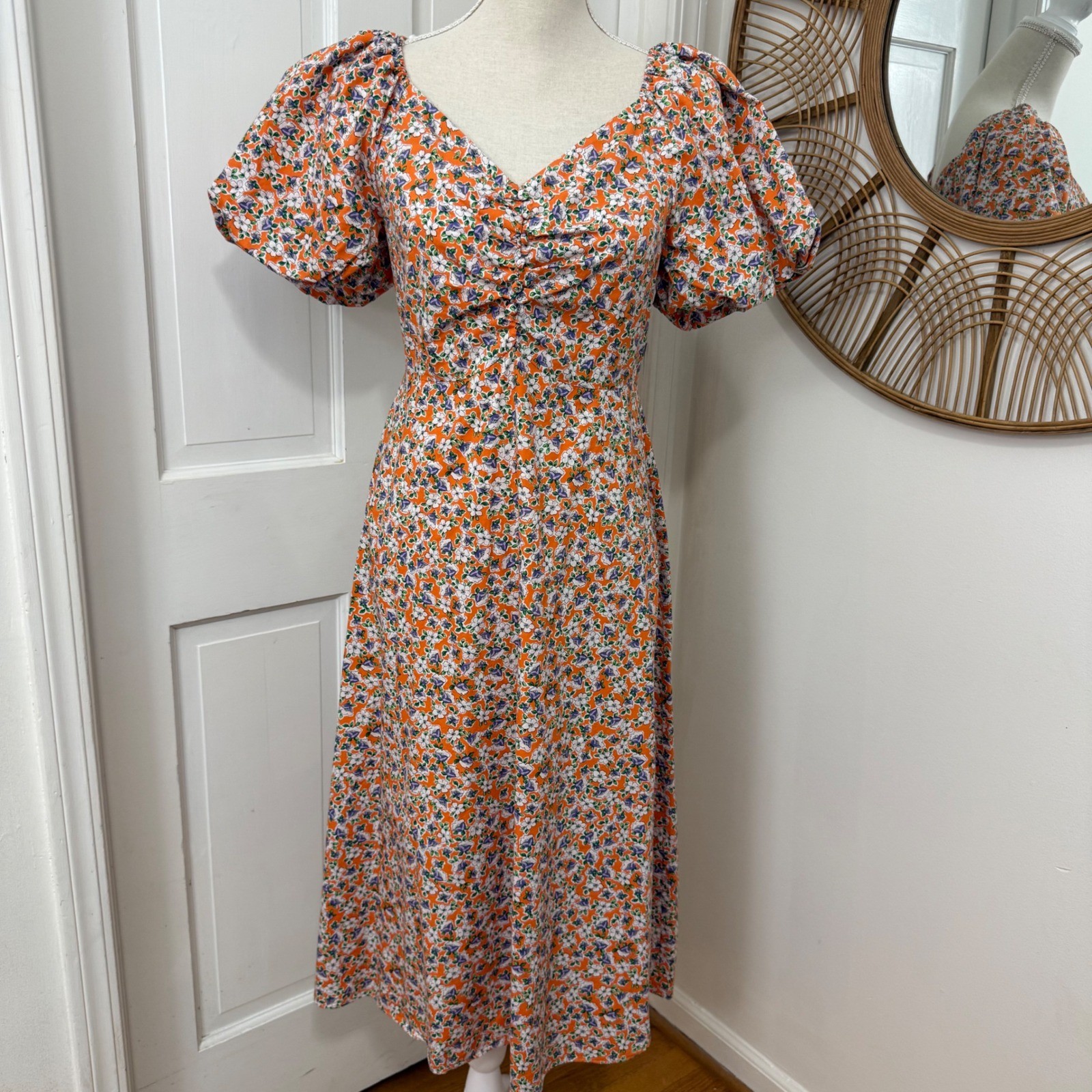 Urban Revivo Floral Midi Dress 8 Romantic Puff Sleeve Ruched Boho Cottagecore