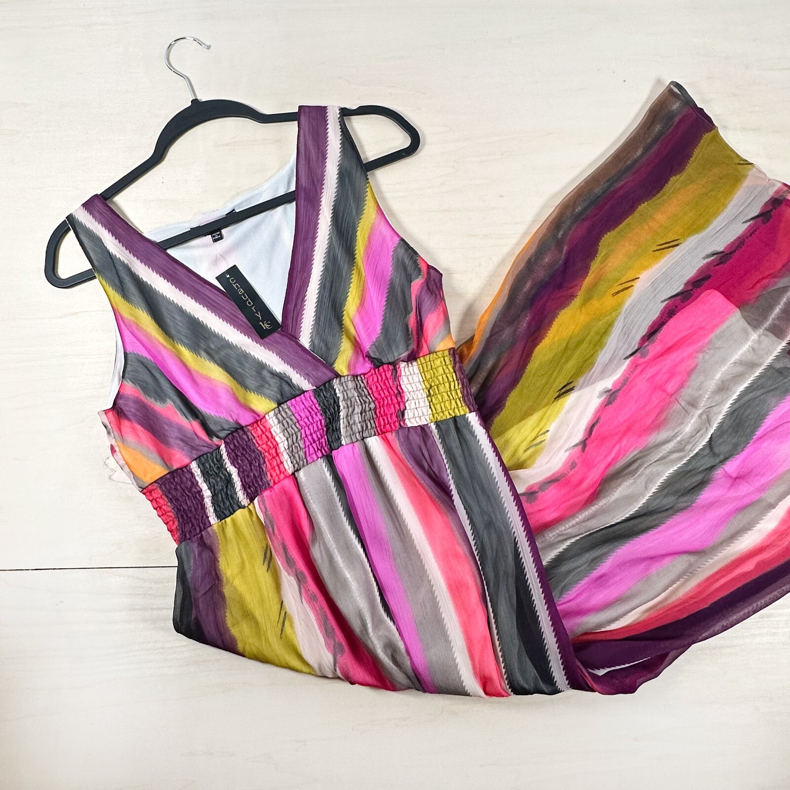 Chaudry KC Maxi Dress Elastic Waist Sleeveless Vertical Stripes Size XL Pink