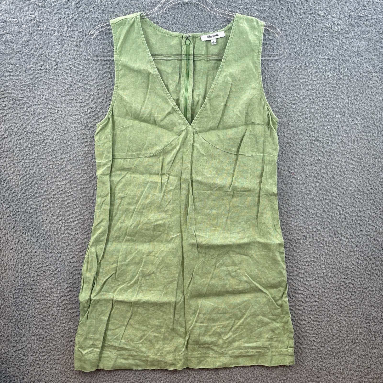 Madewell Dress Women Medium Green Ariana V-Neck Mini 100% Linen Sleeveless NP101