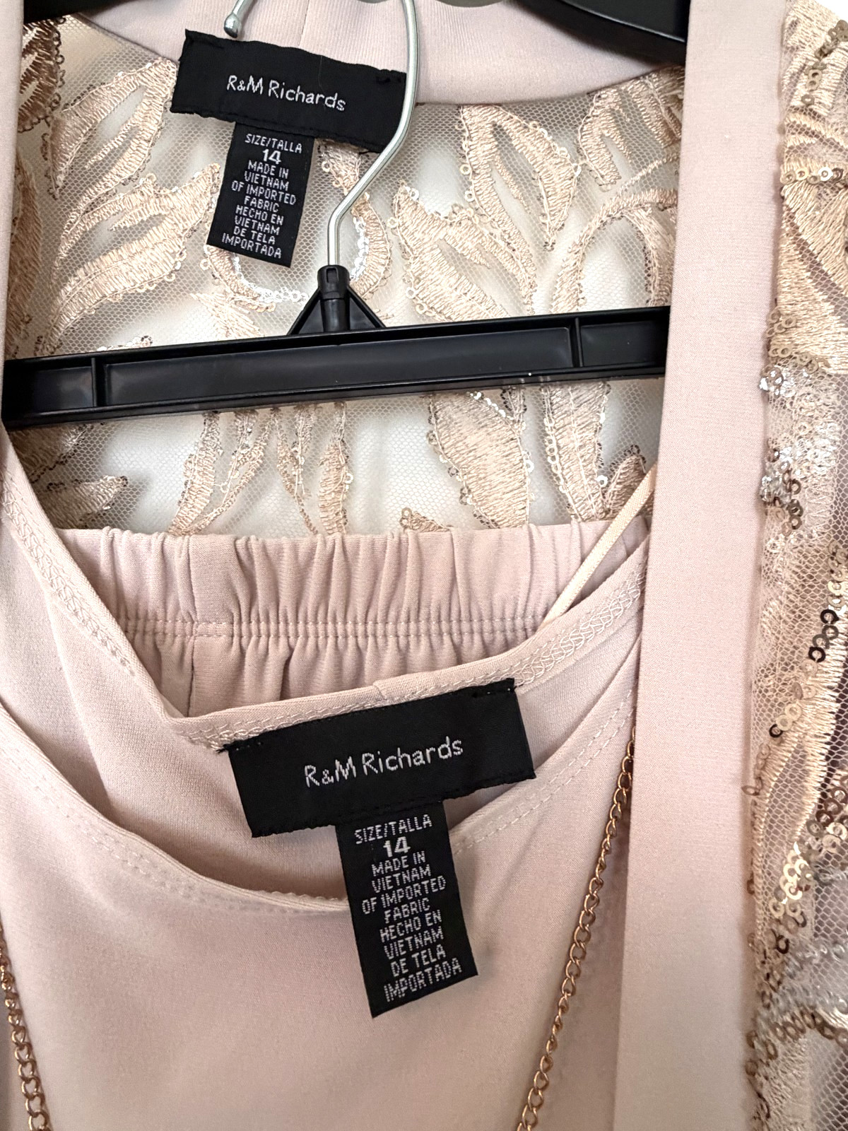 R&M Richards Elegant 3PC Pantsuit w/Sequin Lace Sheer Jacket and Tank Size 14