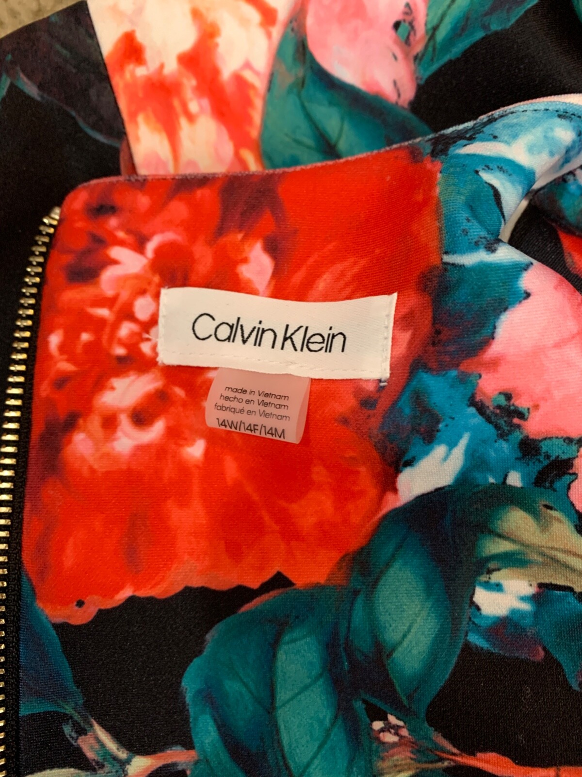 Calvin Klein Black Red Green Floral Scuba Stretch Sheath Dress 14 W Gorgeous!