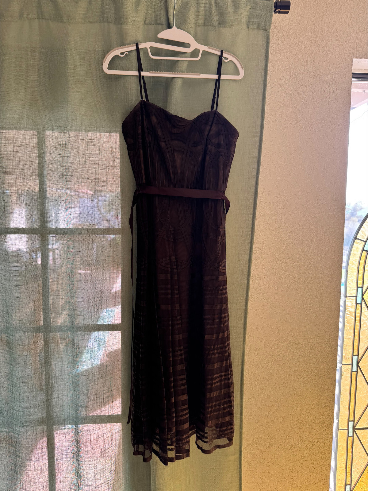 BCBG Max Azria Brown Sheer Cocktail Dress Nude Lining Corset Bodice Size 6
