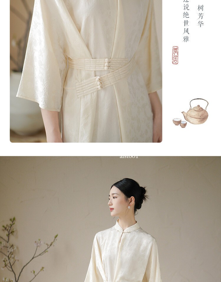 Retro Chinese Style Zen Design Womens Stand Collar 3/4 Sleeve Long Dresses Qipao