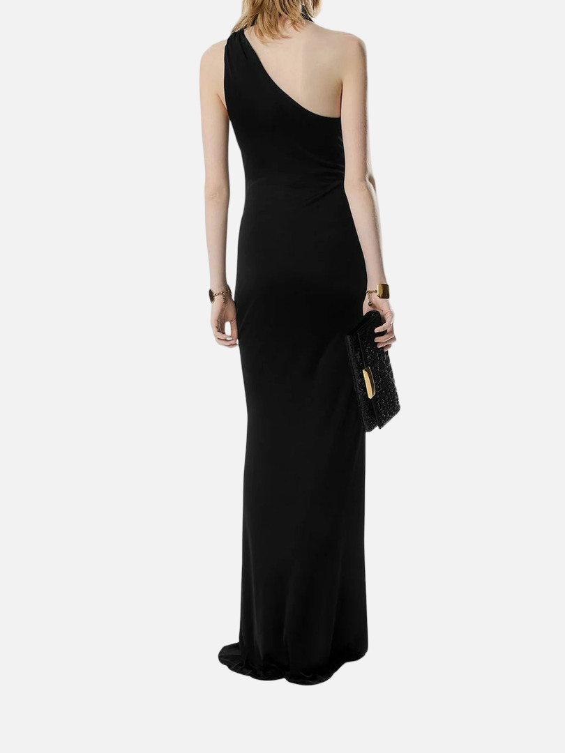 Tom Ford Women’s Black Silk Solid Draped One-Shoulder Gown Dress Size 42