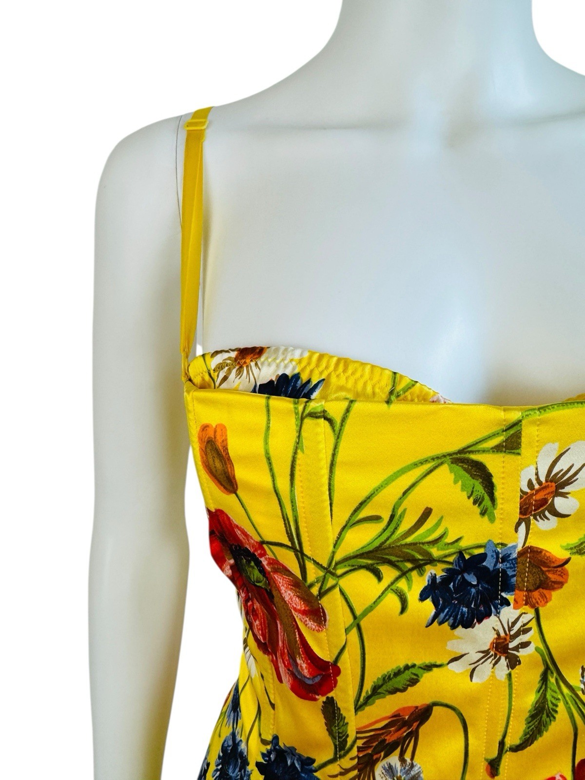 Rare Vintage 1990s Dolce + Gabbana Yellow Silk Floral Stretch Corset Dress Gown