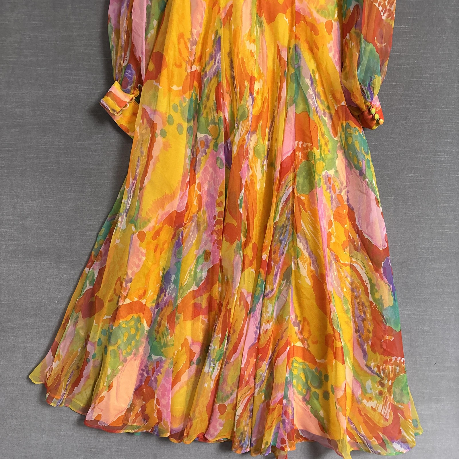 Vintage Jack Bryan Dress XS 70s Watercolor Chiffon Maxi Hostess Gown Psychedelic