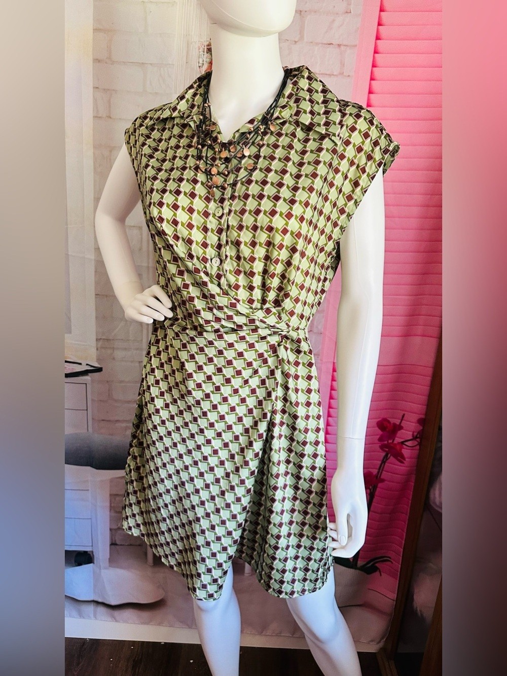 Mango Retro Green & Brown Geometric Mini Dress