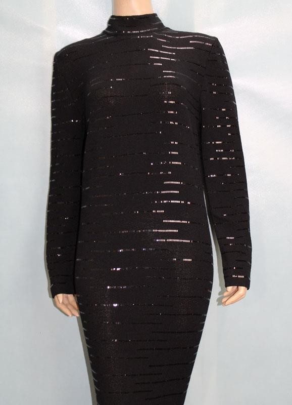 ST. JOHN Evening Knits Black Dress L Size 10 12 Long Sleeved Sequined Mock Neck