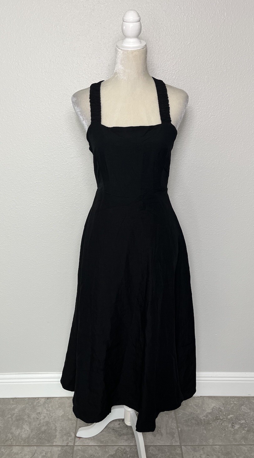 ASTR Valenz Linen Blend A Line Square Neck Criss Cross Back Midi Dress Black M
