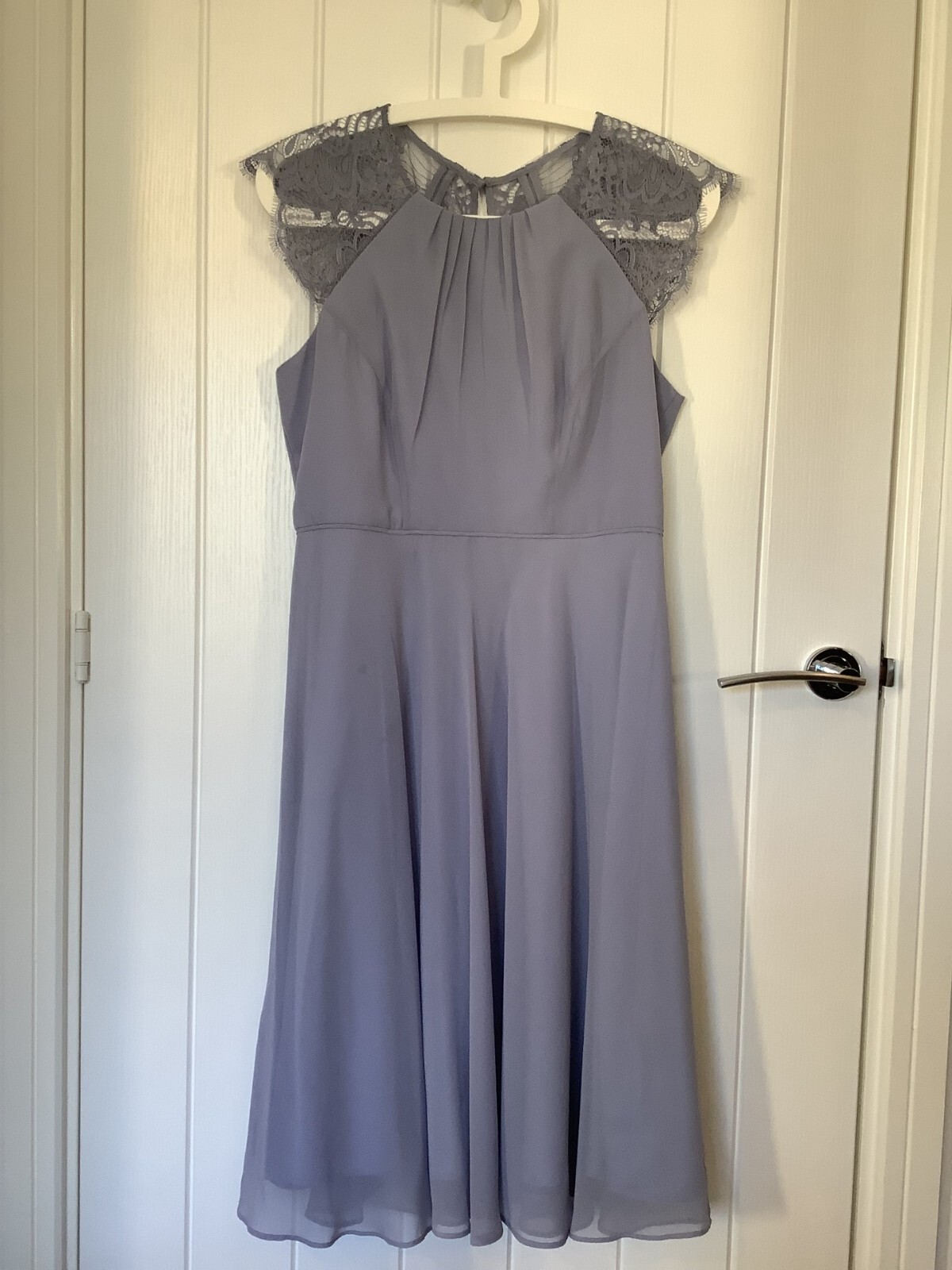 Monsoon Light Blue Chiffon Lace Yoke Swing Dress Size 10 Occasion *IMPERFECT*