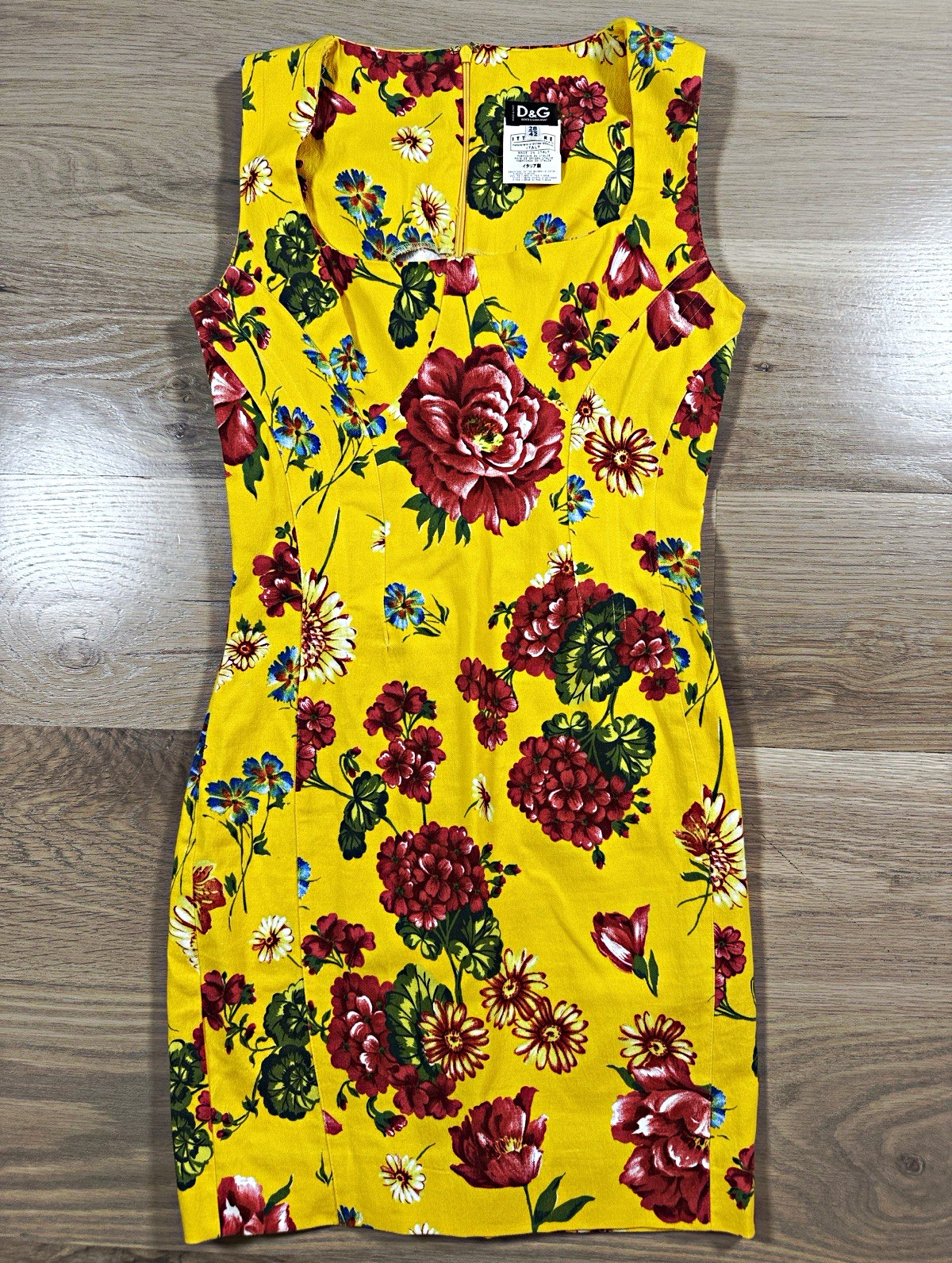 D&G Dolce & Gabbana Yellow Floral Square Neck Sleeveless Sheath Dress IT 42