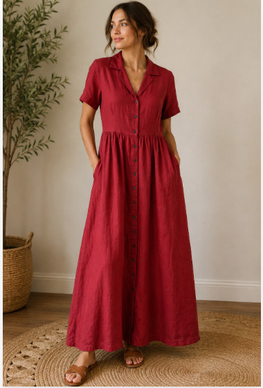 Eddie Bauer 100% Linen Button Front Maxi Shirt Dress Pockets Red Women’s Small