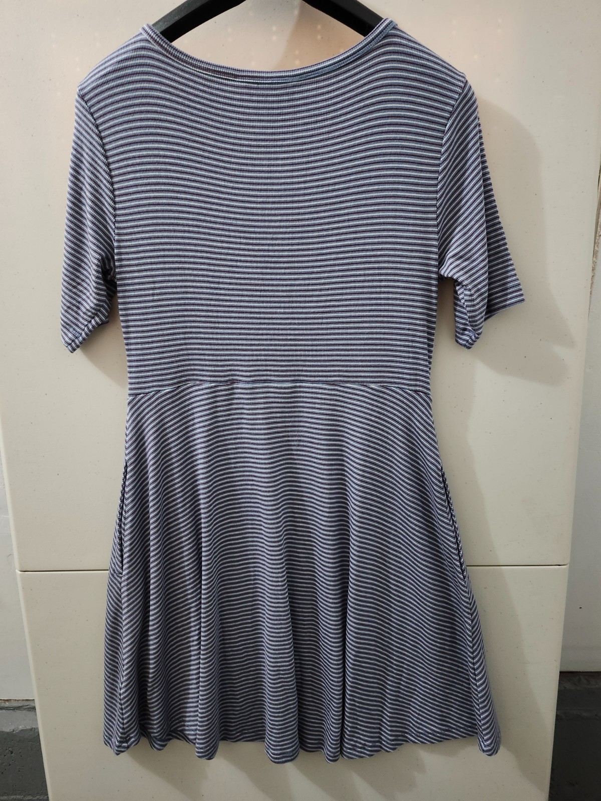 Toad Co Dress Womens L Blue Daisy Rib Flare Skater Henley Stripe Stretch Pocket
