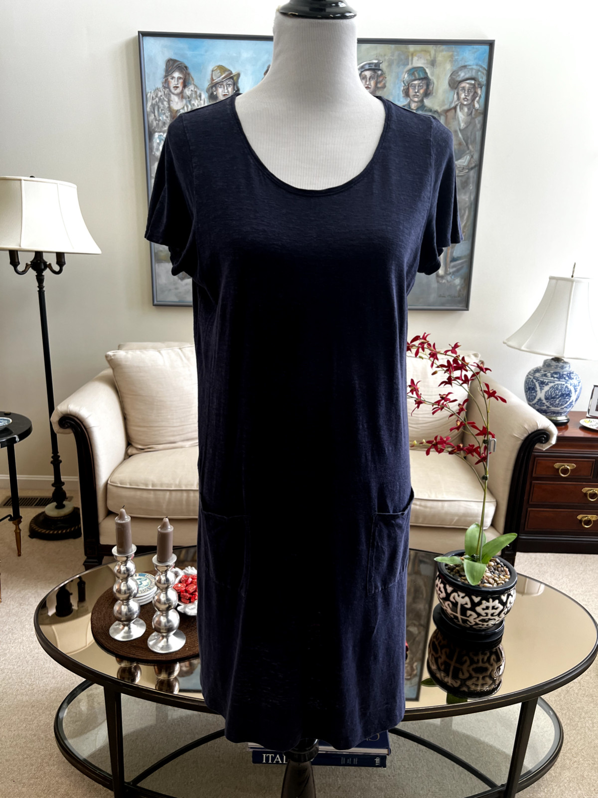 Eileen Fisher Petite Navy Blue Scoop Neck Dress Size PM Hemp & Organic Cotton
