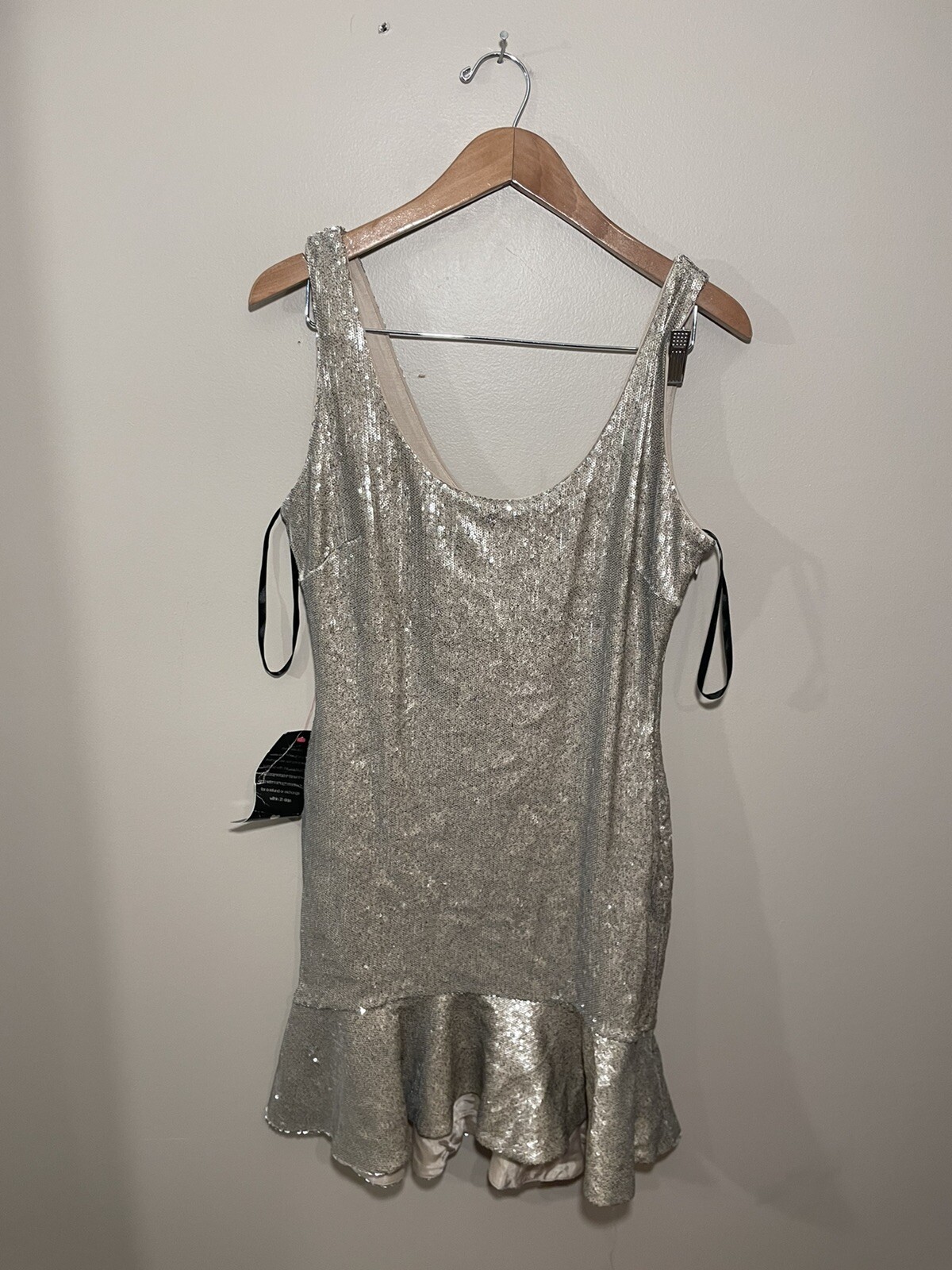 Bebe Imagine Sequin Ruffle Dress Large Sleeveless Holiday Party Gold NWT $179