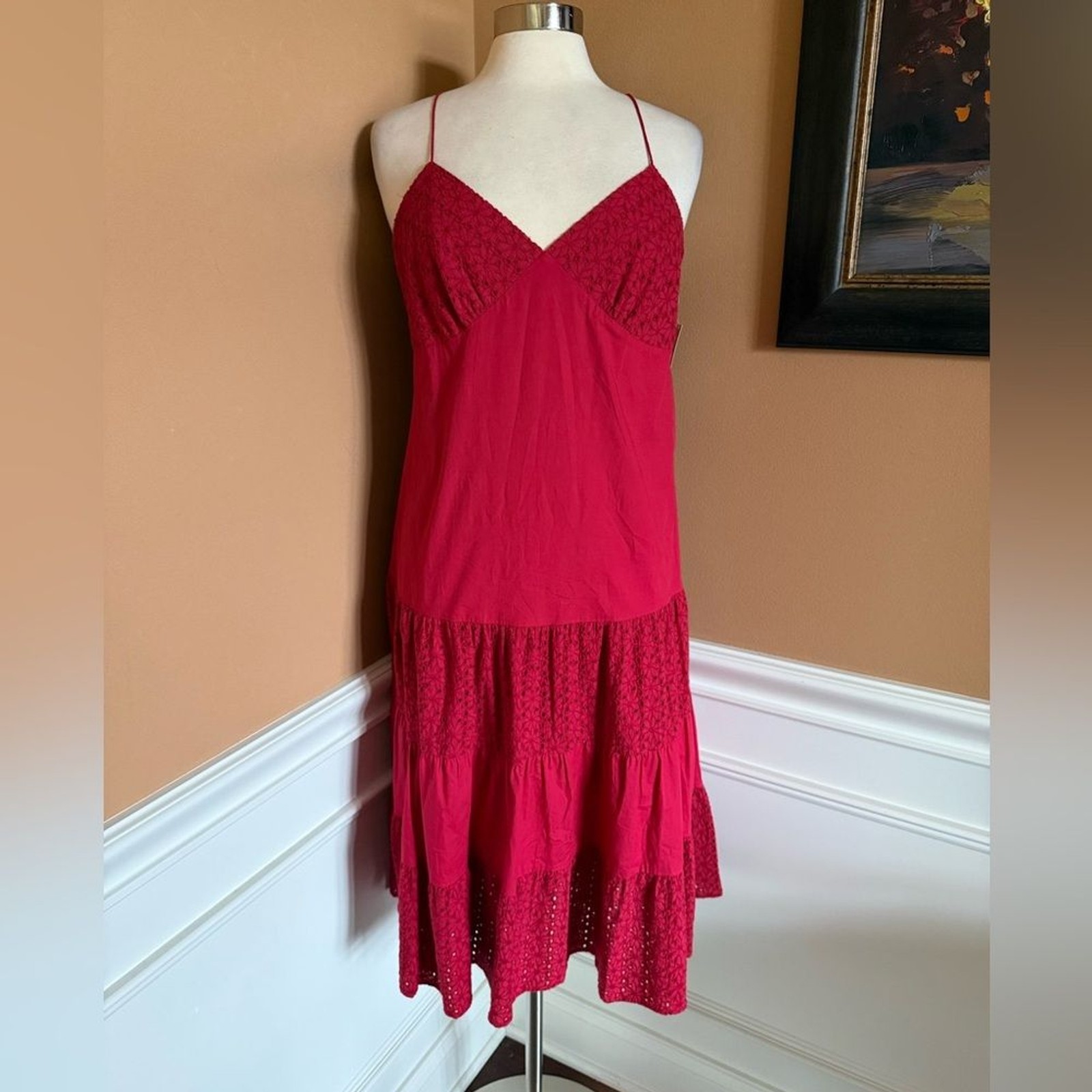 Michael Kors Cotton Spaghetti Strap Eyelet Ruffle Midi Dress Red Size 10 NWT