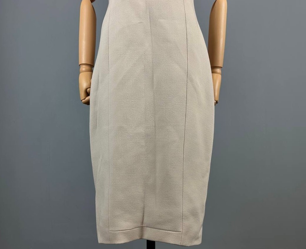 Prada Milano Beige Wool Silk Sleeveless A-Line Pencil Midi Dress Size IT 44