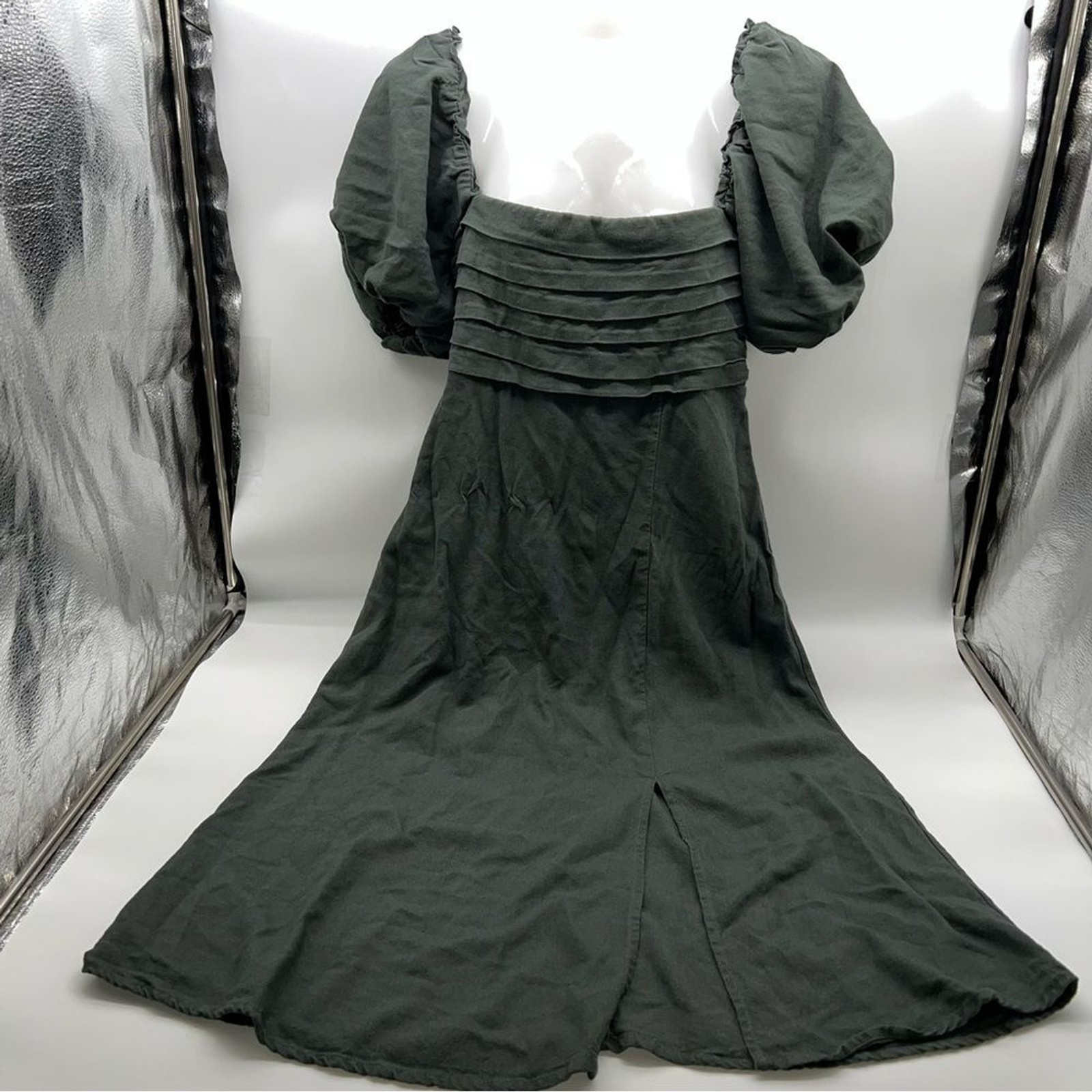 Mi Ami for Francesca’s Linen Blend Dk Green Puff Sleeve Midi Peasant Dress-Sz S