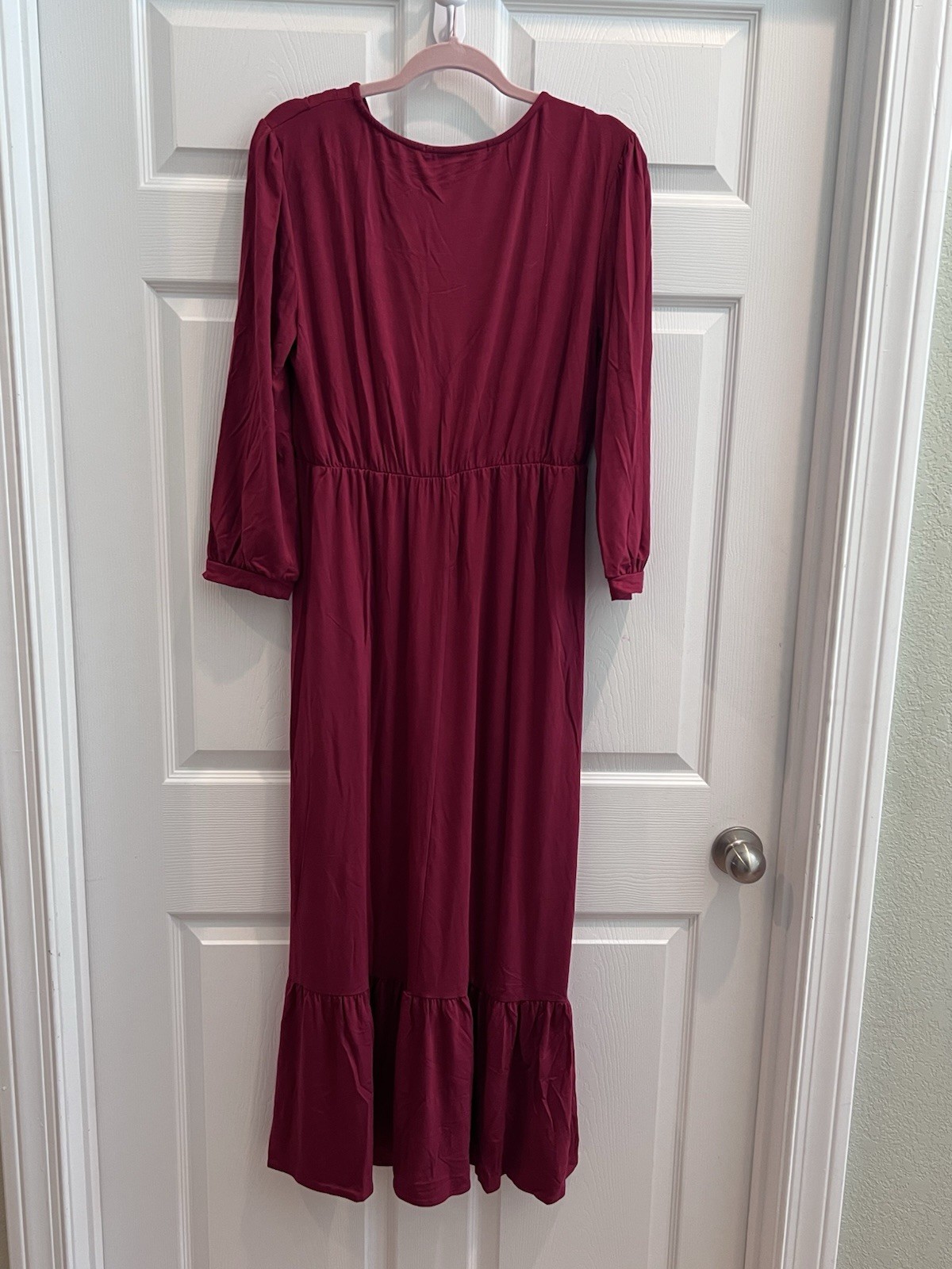 fraiche by J Wine Solid Knit Maxi Dress V-Neck 3/4 Sleeve Tiered Pullover L