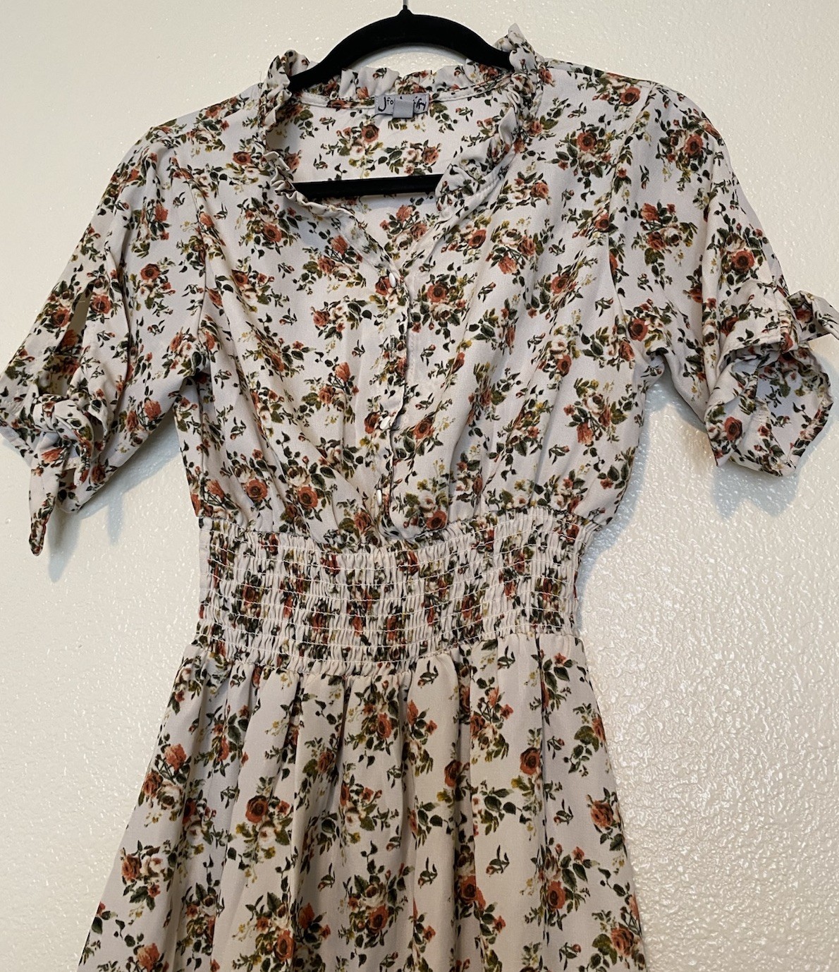 Justify White/Multicolor Floral Button Front Smocked Collared Short Dress M