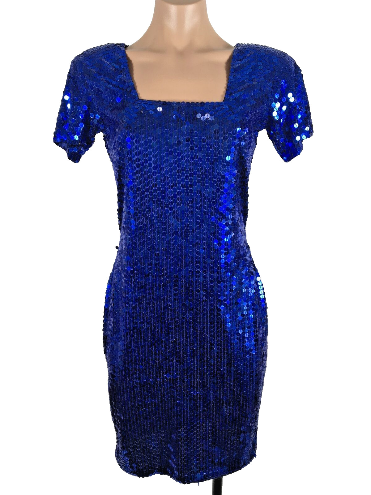 Vintage 90s 80s Blue Square Neck Sequin Dress Blue Party Nite Line Sexy Cocktail