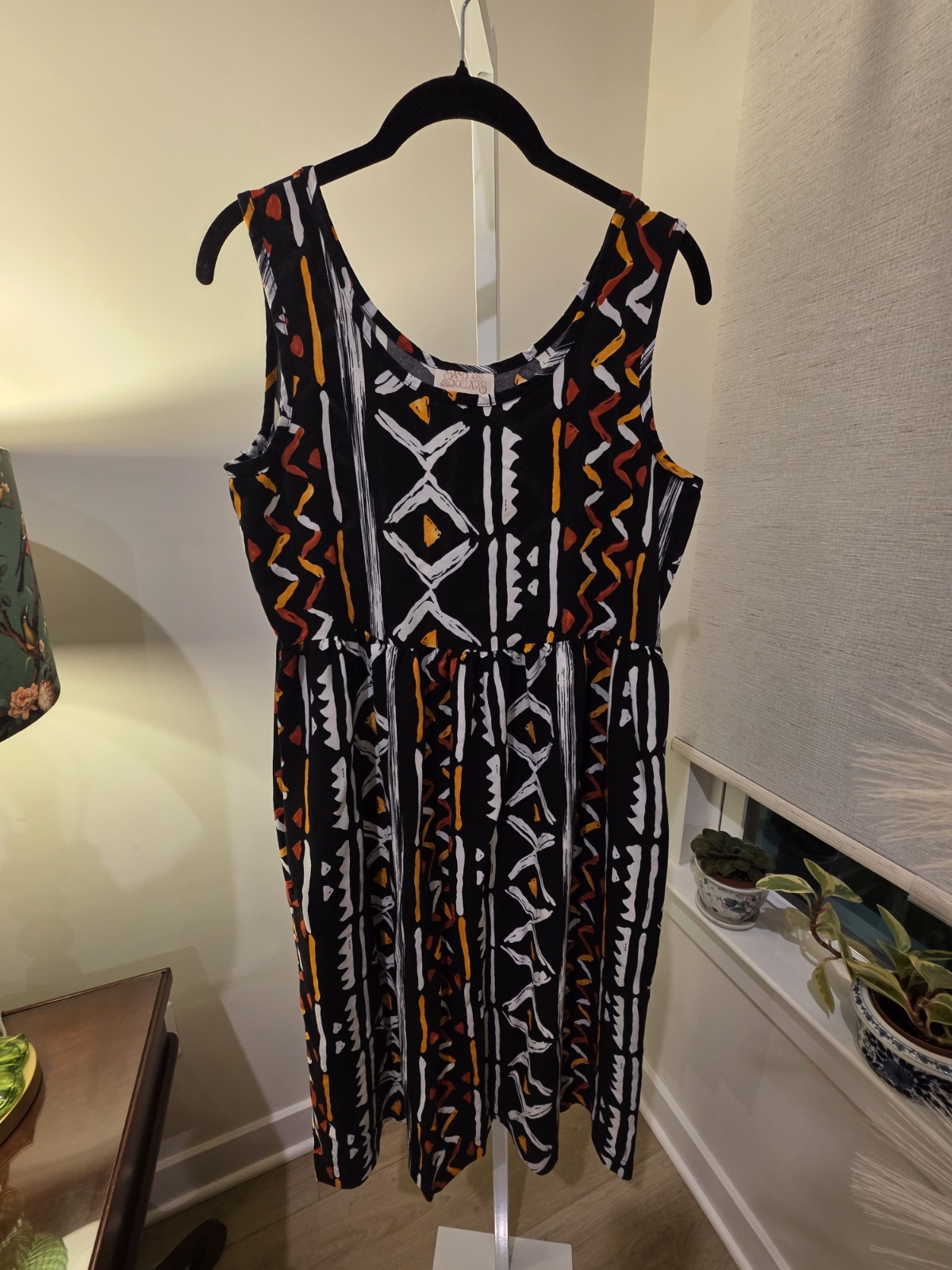 Midi Sun Dress Black Orange White Geometric Print Sleeveless M VTG