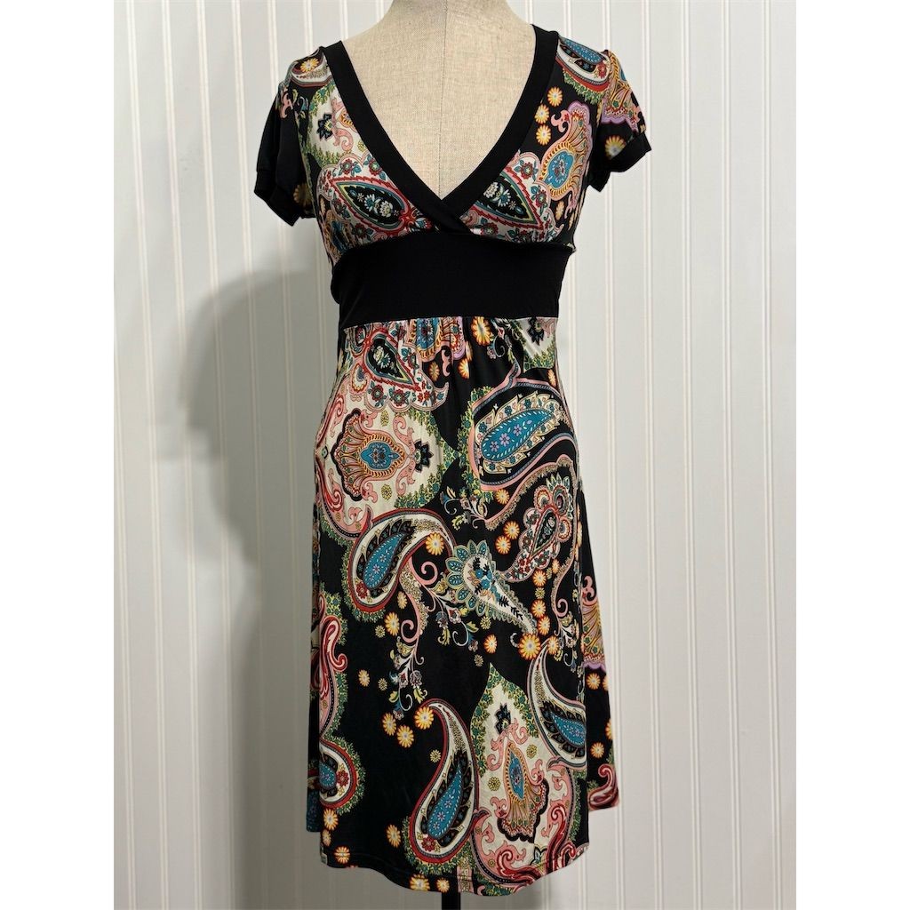 VTG Y2K Lipstick Paisley Mini Dress Empire Waist Stretch Cap Sleeve Black Size M