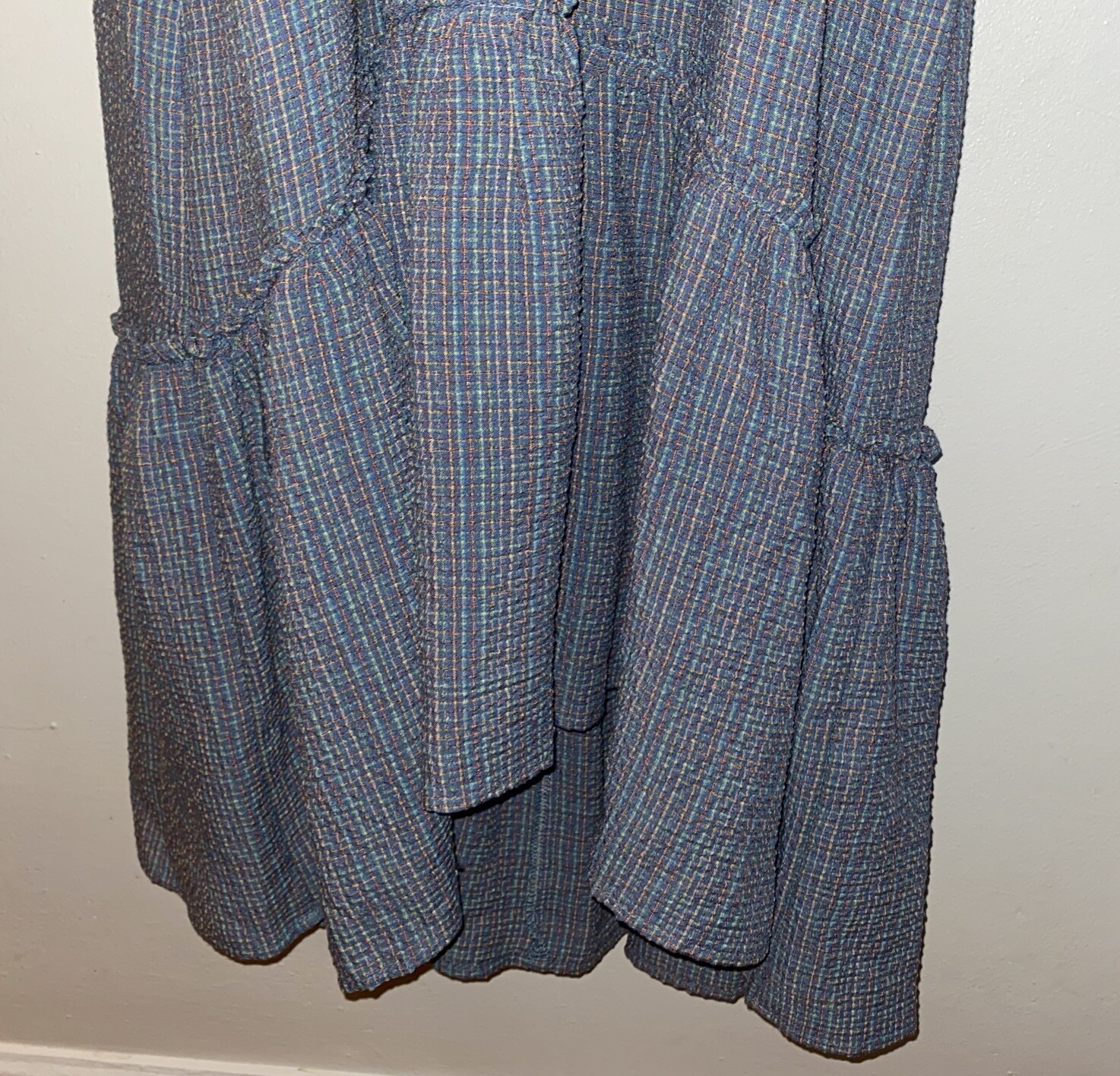 Superfoxx Dress Blue Multicolor Texture Fabric Deep VNeck Hi Low Ruffle Hem