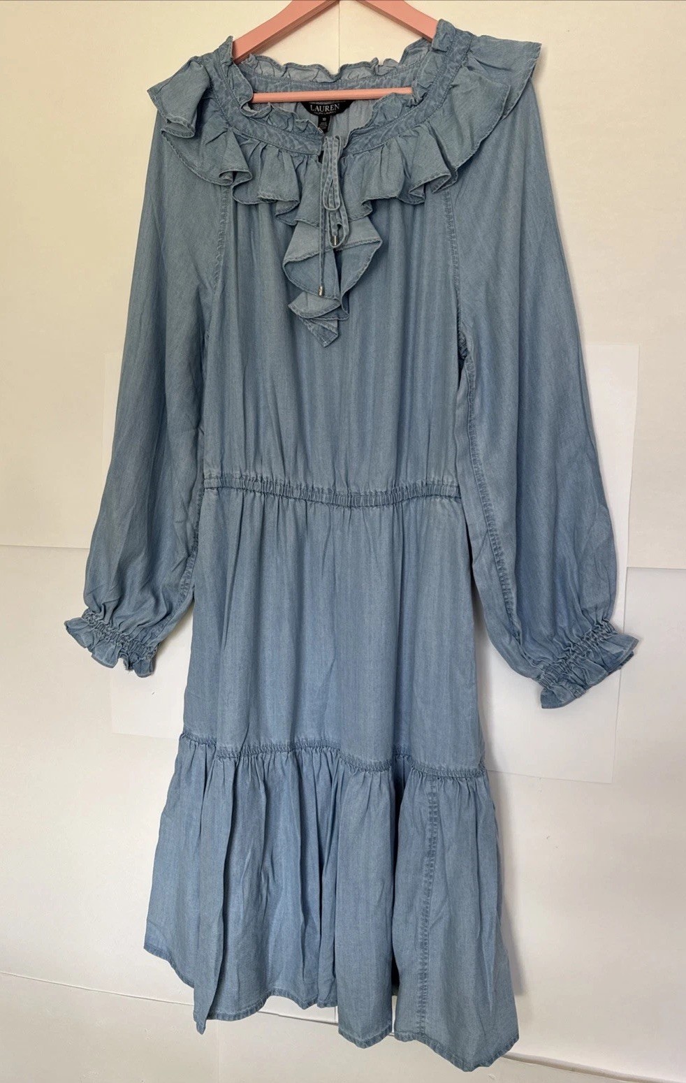 Lauren Ralph Lauren Chambray Dress Ruffle Neckline Tiered Skirt Size10 NWT