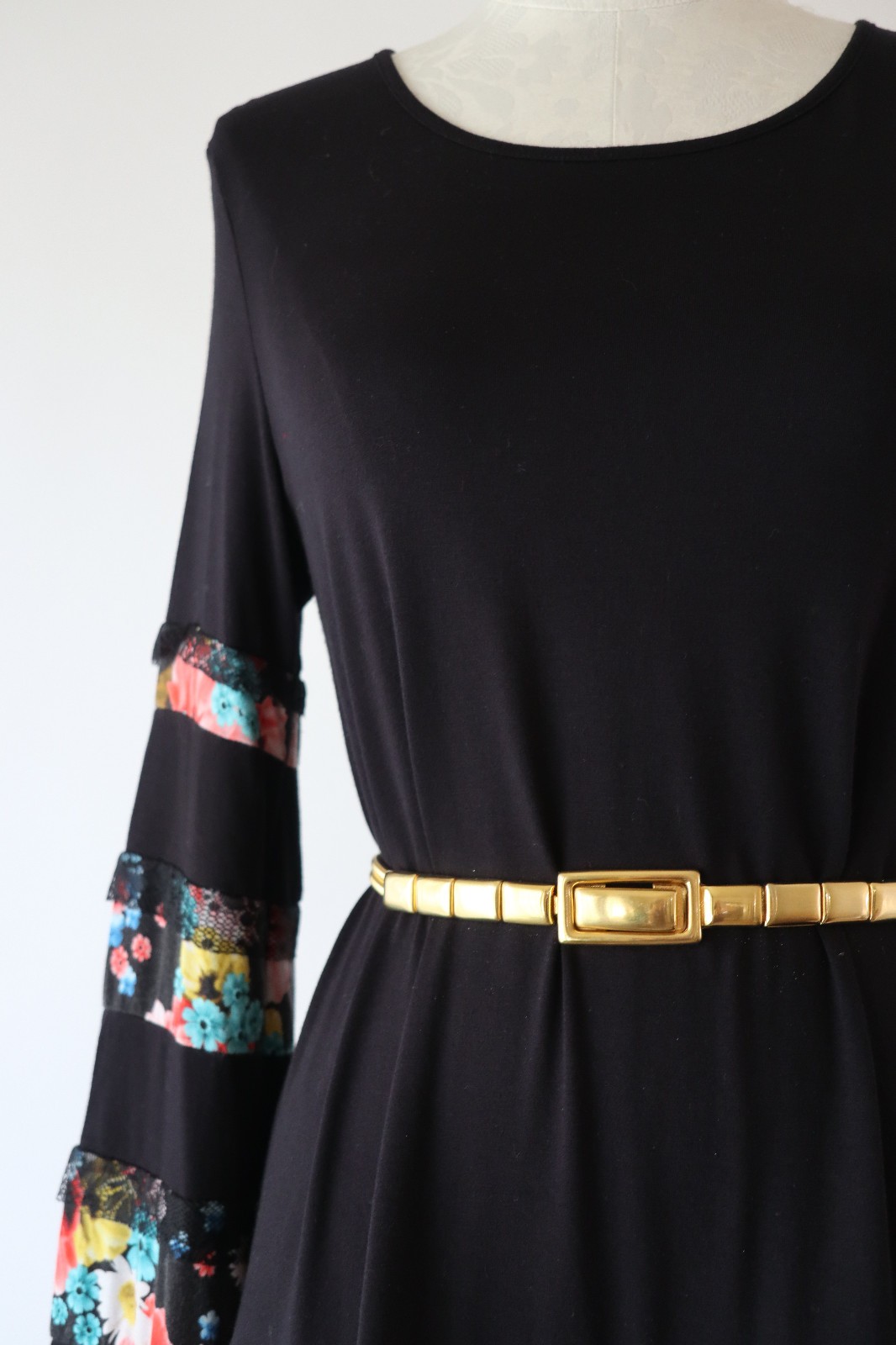 Desigual Black Jersey Colorful Floral Stripes Lace Ruffles Tshirt Dress Women L