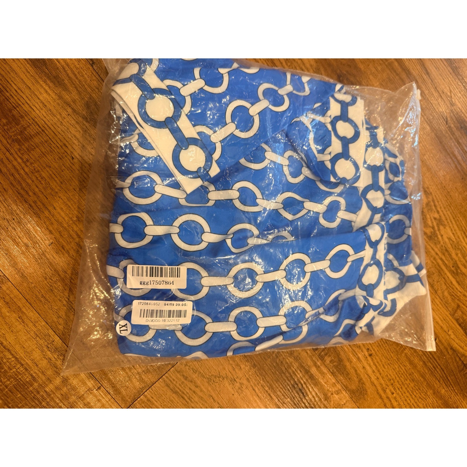 Blue White Chain Link Print Tiered Maxi Dress XL Collared Short Sleeve Geometric