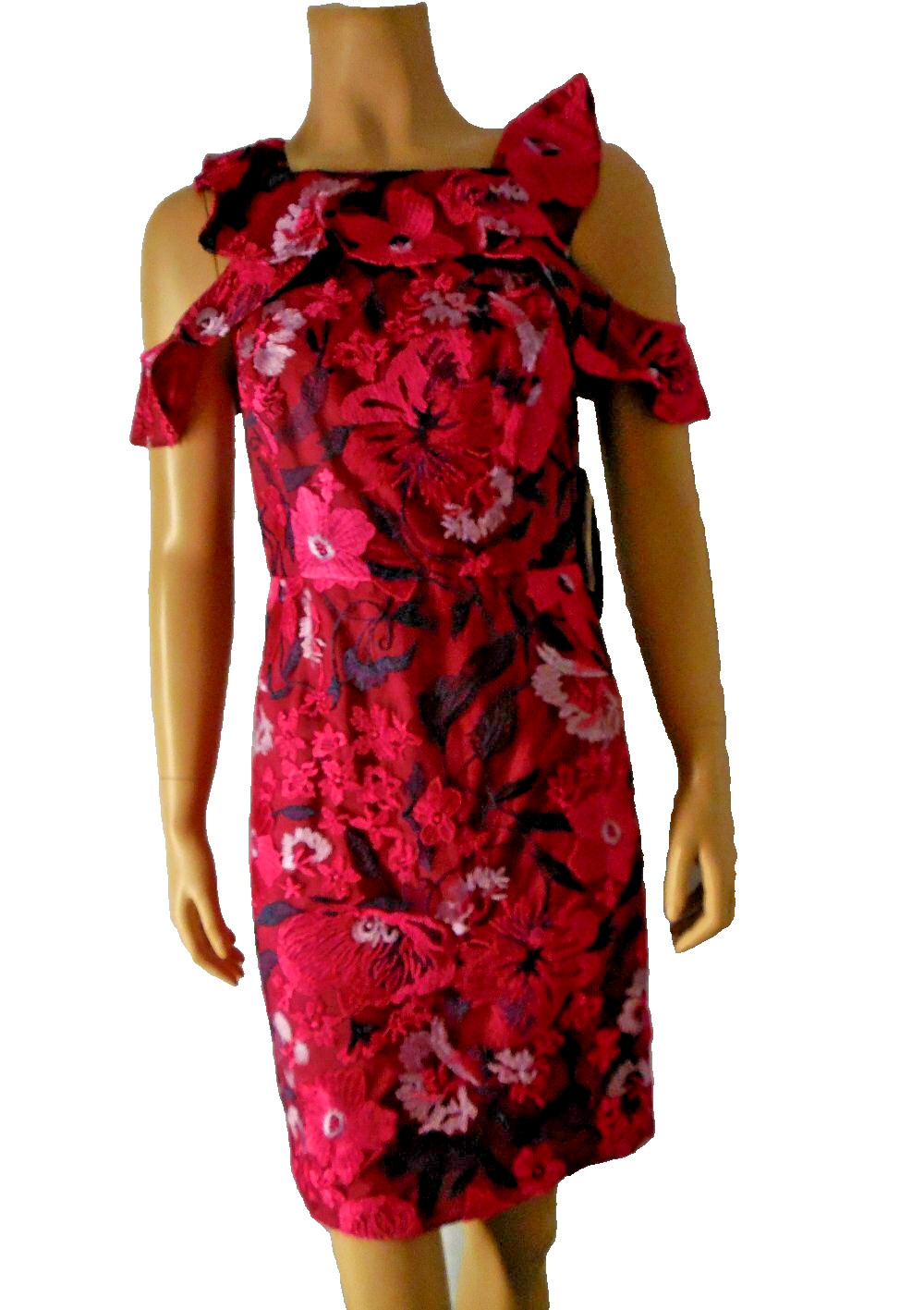 HALSTON Dress size 2 Raspberry red embroidered Party Cocktail ruffles NWT