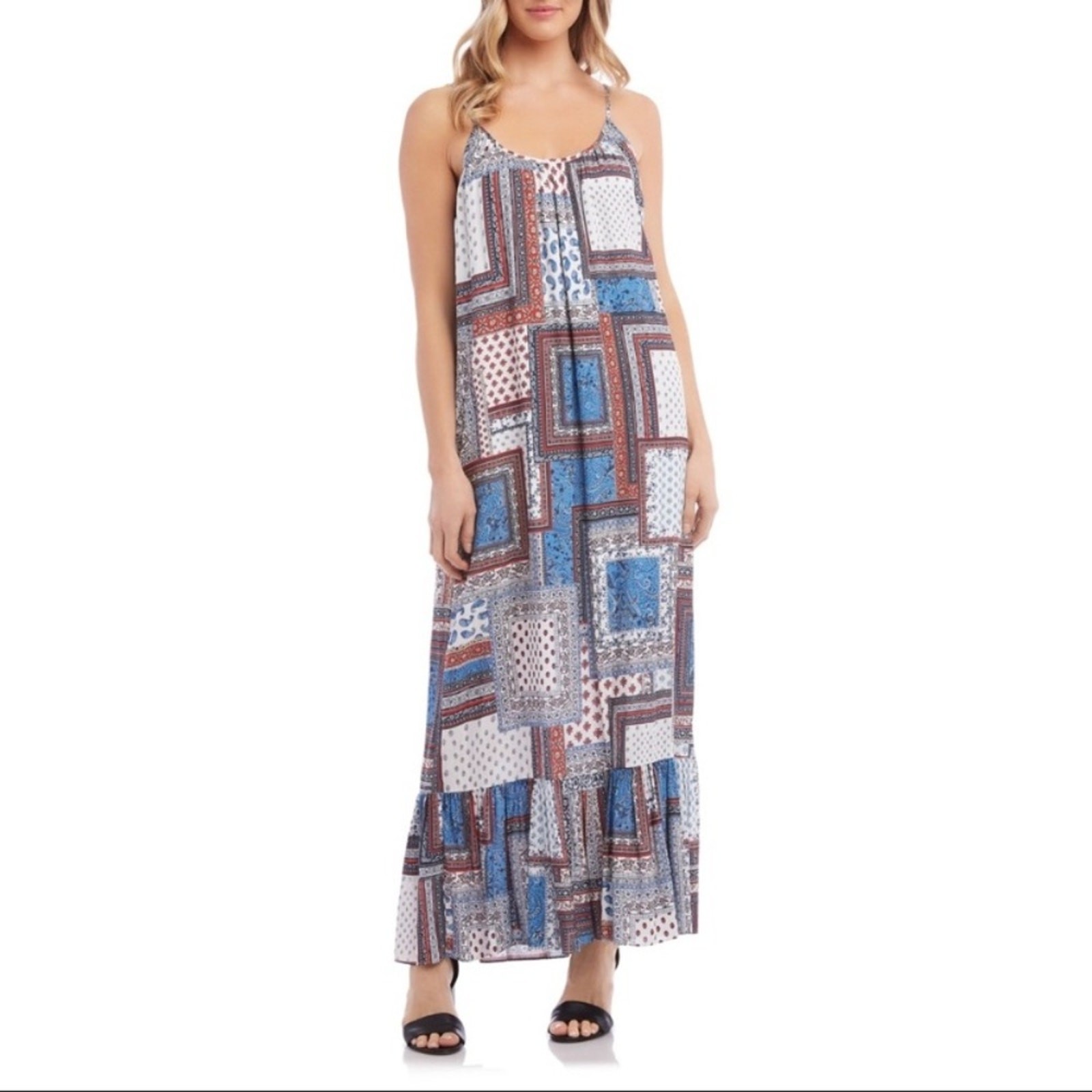 Karen Kane Patchwork Paisley Sleeveless Ruffle Hem Maxi Dress Boho Size S