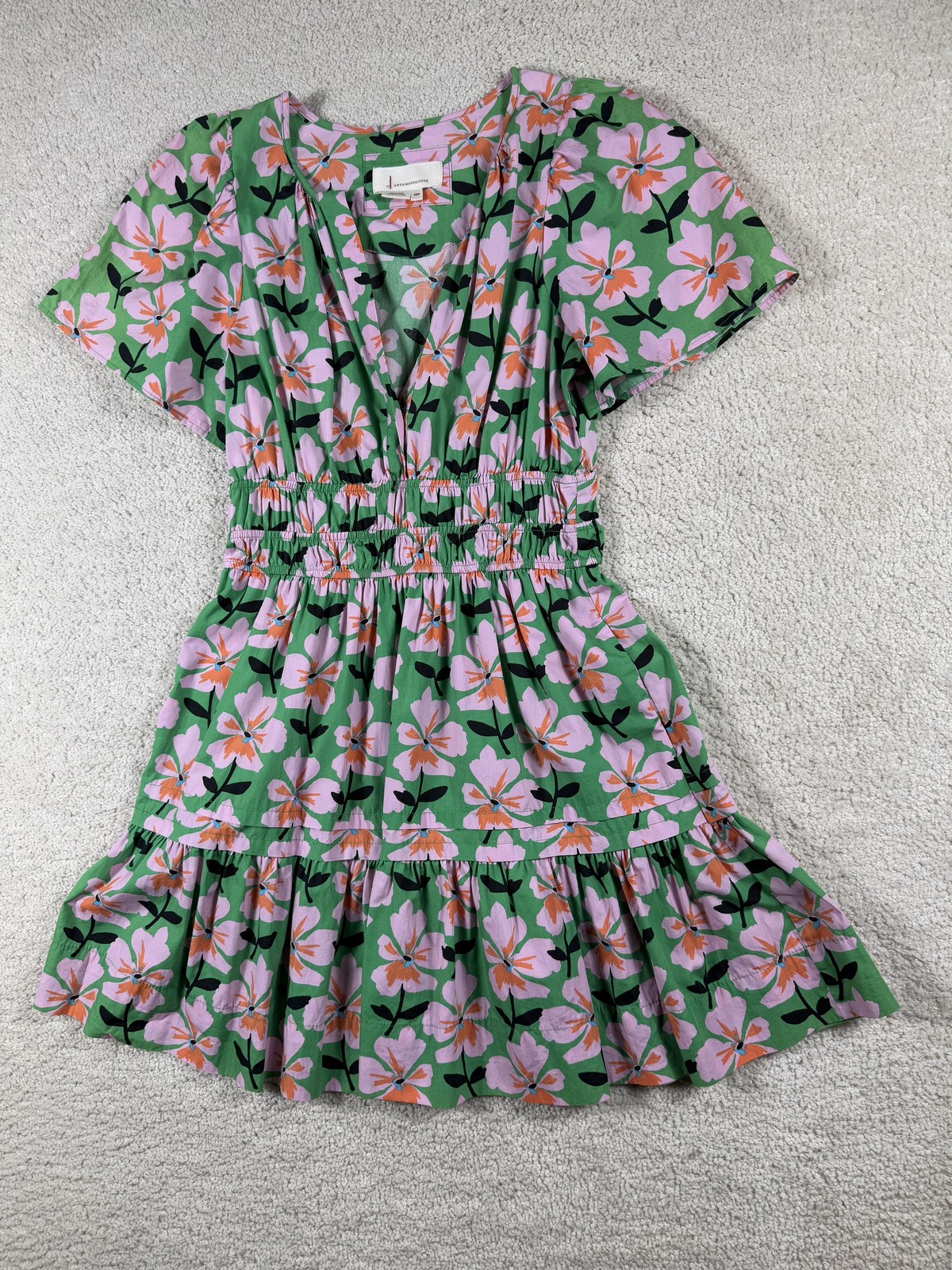 Anthropologie Dress Womens XS P Green Floral Smocked Waist Tiered Short Cotton