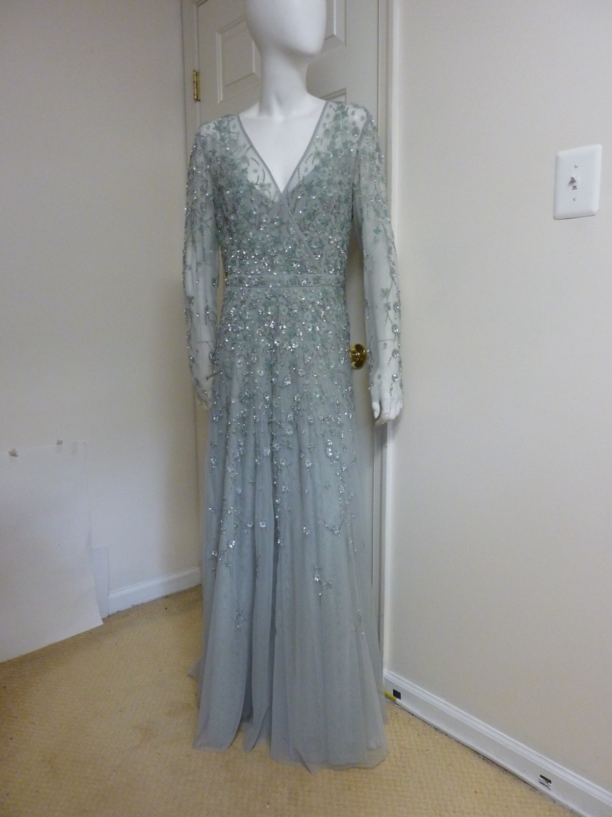 Mac Duggal 9131 Embellished Wrap Over Illusion Long Sleeve Gown Size:16 $798 NWT